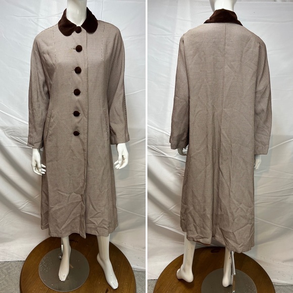 Women's Vintage Sherbrooke Brown Houndsbooth Wool Tweed Velvet Overcoat Jacket L - Picture 6 of 9